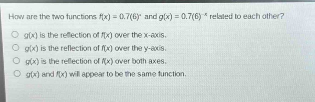 how are the two functions $f(x)=0.7(6)^{x}$ and $g(x)=0.7(6)^{-x}$ related to each other?\n$g(x)$ is the reflection of $f(x)$ over the x - axis.\n$g(x)$ is the reflection of $f(x)$ over the y - axis.\n$g(x)$ is the reflection of $f(x)$ over both axes.\n$g(x)$ and $f(x)$ will appear to be the same function.