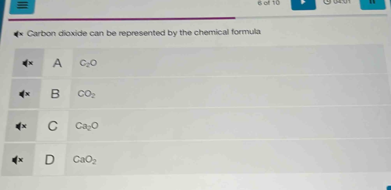 carbon dioxide can be represented by the chemical formula\na c₂o\nb co₂\nc ca₂o\nd cao₂