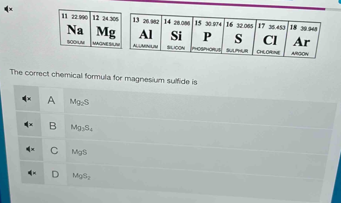 the correct chemical formula for magnesium sulfide is\na mg₂s\nb mg₃s₄\nc mgs\nd mgs₂