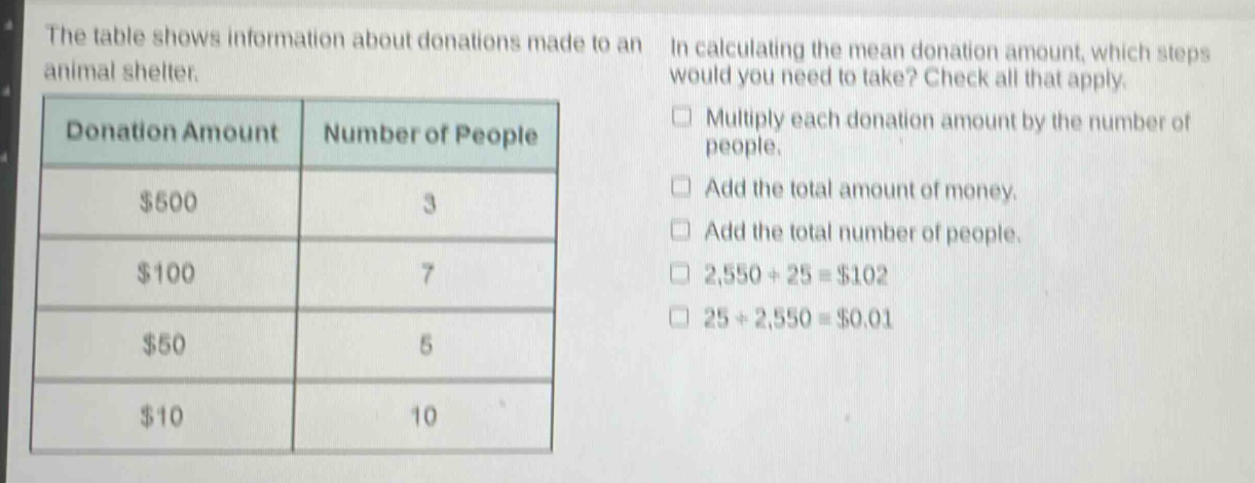 the table shows information about donations made to an animal shelter. in calculating the mean donation amount, which steps would you need to take? check all that apply.\ndonation amount|number of people\n$500|3\n$100|7\n$50|5\n$10|10\n□ multiply each donation amount by the number of people.\n□ add the total amount of money.\n□ add the total number of people.\n□ 2,550÷25 = $102\n□ 25÷2,550 = $0.01