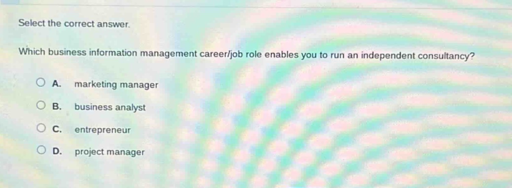 select the correct answer. which business information management career/job role enables you to run an independent consultancy? a. marketing manager b. business analyst c. entrepreneur d. project manager