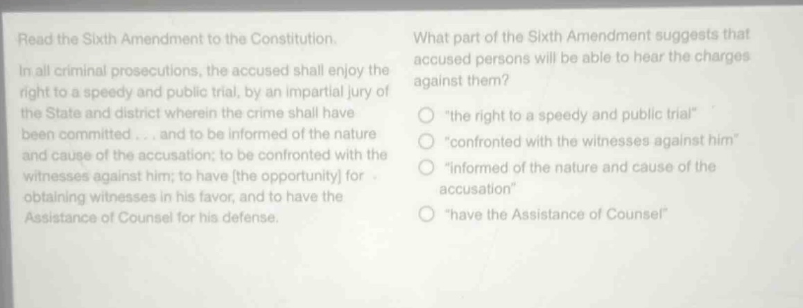 read the sixth amendment to the constitution. in all criminal prosecutions, the accused shall enjoy the right to a speedy and public trial, by an impartial jury of the state and district wherein the crime shall have been committed... and to be informed of the nature and cause of the accusation; to be confronted with the witnesses against him; to have the opportunity for obtaining witnesses in his favor, and to have the assistance of counsel for his defense. what part of the sixth amendment suggests that accused persons will be able to hear the charges against them? \the right to a speedy and public trial\ \confronted with the witnesses against him\ \informed of the nature and cause of the accusation\ \have the assistance of counsel\