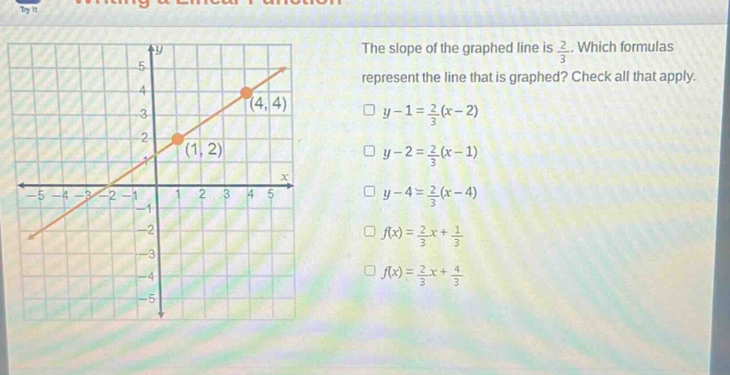 the slope of the graphed line is $\frac{2}{3}$. which formulas represent the line that is graphed? check all that apply. $y - 1=\frac{2}{3}(x - 2)$ $y - 2=\frac{2}{3}(x - 1)$ $y - 4=\frac{2}{3}(x - 4)$ $f(x)=\frac{2}{3}x+\frac{1}{3}$ $f(x)=\frac{2}{3}x+\frac{4}{3}$