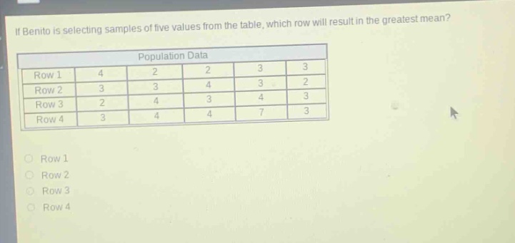 if benito is selecting samples of five values from the table, which row will result in the greatest mean?\npopulation data\nrow 1 4 2 2 3 3\nrow 2 3 3 4 3 2\nrow 3 2 4 3 4 3\nrow 4 3 4 4 7 3\nrow 1\nrow 2\nrow 3\nrow 4
