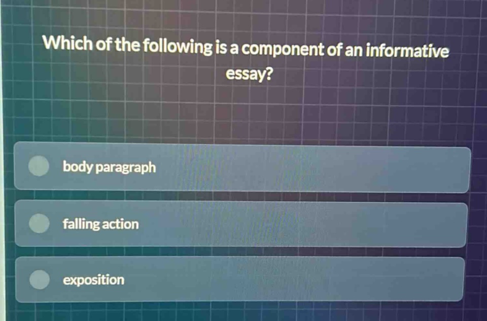 which of the following is a component of an informative essay?\nbody paragraph\nfalling action\nexposition