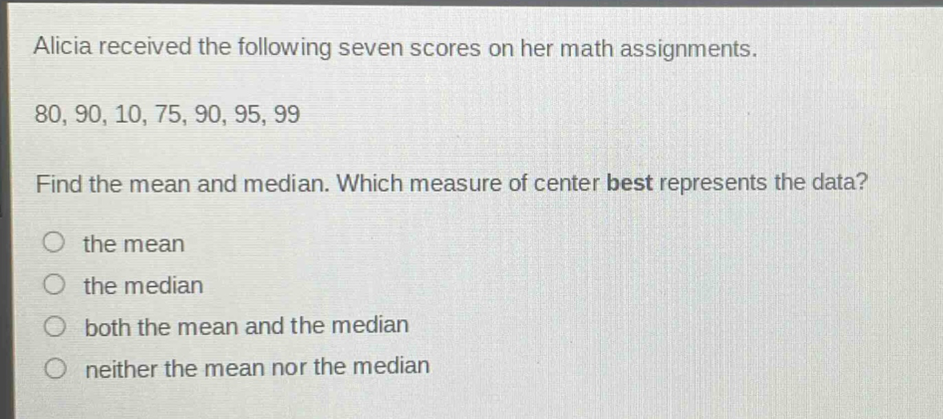 alicia received the following seven scores on her math assignments. 80, 90, 10, 75, 90, 95, 99. find the mean and median. which measure of center best represents the data? the mean the median both the mean and the median neither the mean nor the median