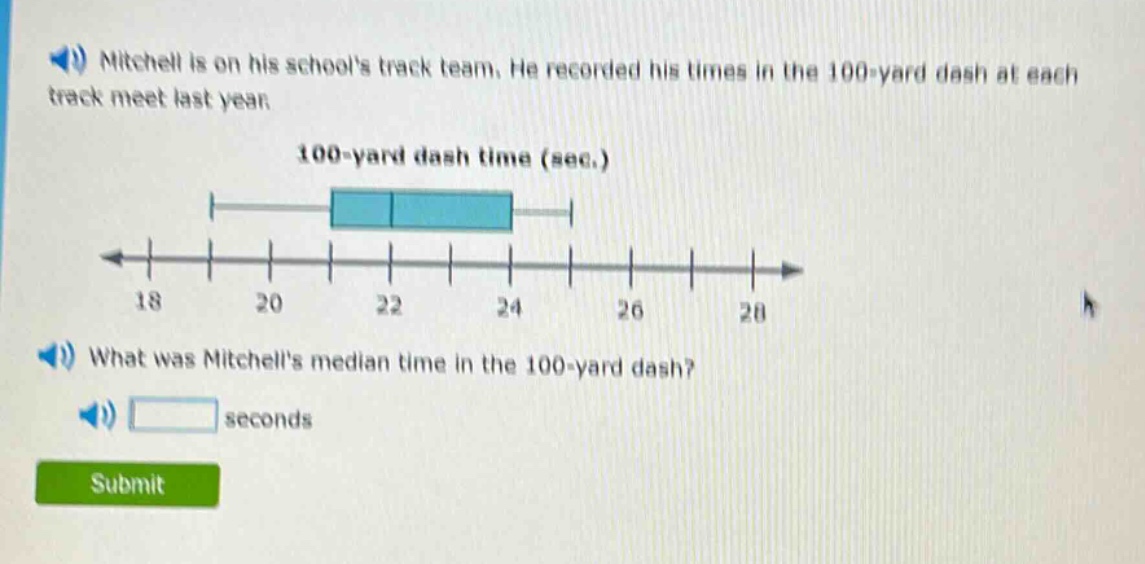 mitchell is on his schools track team. he recorded his times in the 100 - yard dash at each track meet last year.\n100 - yard dash time (sec.)\nwhat was mitchells median time in the 100 - yard dash?\nseconds\nsubmit