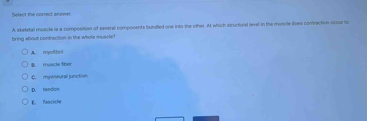 select the correct answer.\na skeletal muscle is a composition of several components bundled one into the other. at which structural level in the muscle does contraction occur to bring about contraction in the whole muscle?\na. myofibril\nb. muscle fiber\nc. myoneural junction\nd. tendon\ne. fascicle