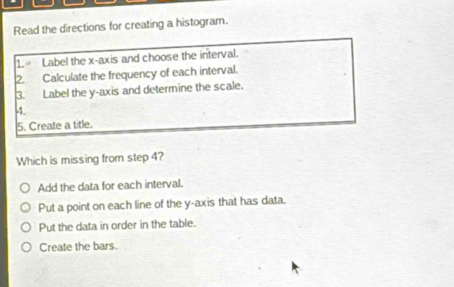 read the directions for creating a histogram.\n1. label the x - axis and choose the interval.\n2. calculate the frequency of each interval.\n3. label the y - axis and determine the scale.\n4.\n5. create a title.\nwhich is missing from step 4?\no add the data for each interval.\no put a point on each line of the y - axis that has data.\no put the data in order in the table.\no create the bars.