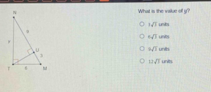 what is the value of y?\n3√3 units\n6√3 units\n9√3 units\n12√3 units