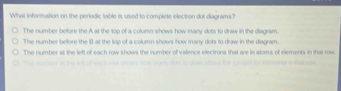 what information on the periodic table is used to complete electron dot diagrams?\nthe number before the a at the top of a column shows how many dots to draw in the diagram.\nthe number before the b at the top of a column shows how many dots to draw in the diagram.\nthe number at the left of each row shows the number of valence electrons that are in atoms of elements in that row.\nthe number at the left of each row shows how many dots to draw above the symbol for elements in that row.