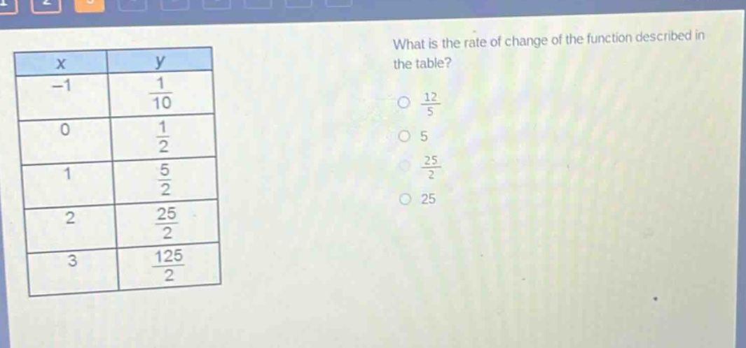 what is the rate of change of the function described in the table?\n-1 $\frac{1}{10}$\n0 $\frac{1}{2}$\n1 $\frac{5}{2}$\n2 $\frac{25}{2}$\n3 $\frac{125}{2}$\n$\frac{12}{5}$\n5\n$\frac{25}{2}$\n25
