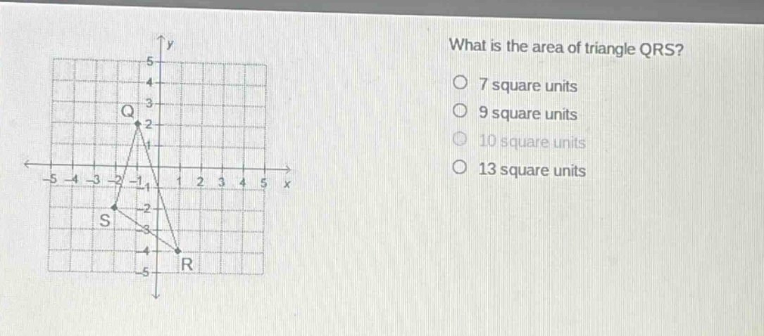 what is the area of triangle qrs?\no 7 square units\no 9 square units\no 10 square units\no 13 square units