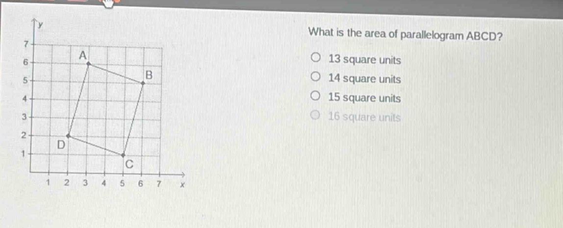 what is the area of parallelogram abcd?\no 13 square units\no 14 square units\no 15 square units\no 16 square units