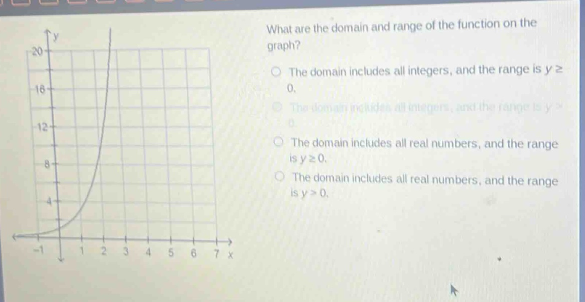 what are the domain and range of the function on the graph?\nthe domain includes all integers, and the range is y ≥ 0.\nthe domain includes all integers, and the range is y > 0.\nthe domain includes all real numbers, and the range is y ≥ 0.\nthe domain includes all real numbers, and the range is y > 0.