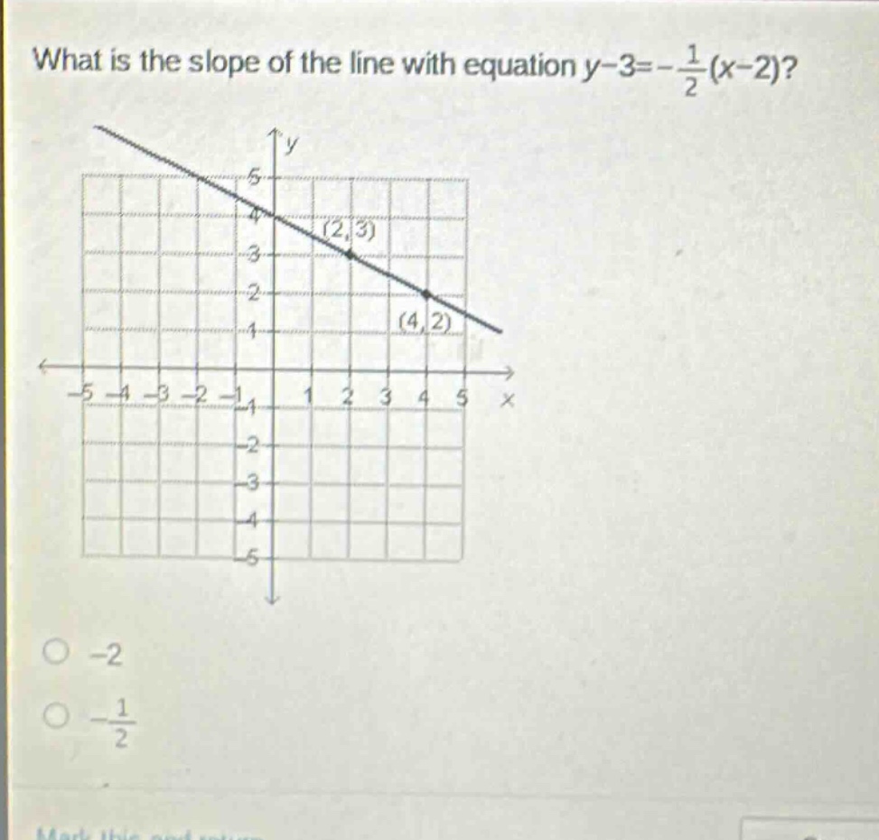 what is the slope of the line with equation y - 3 = -\\frac{1}{2}(x - 2)?