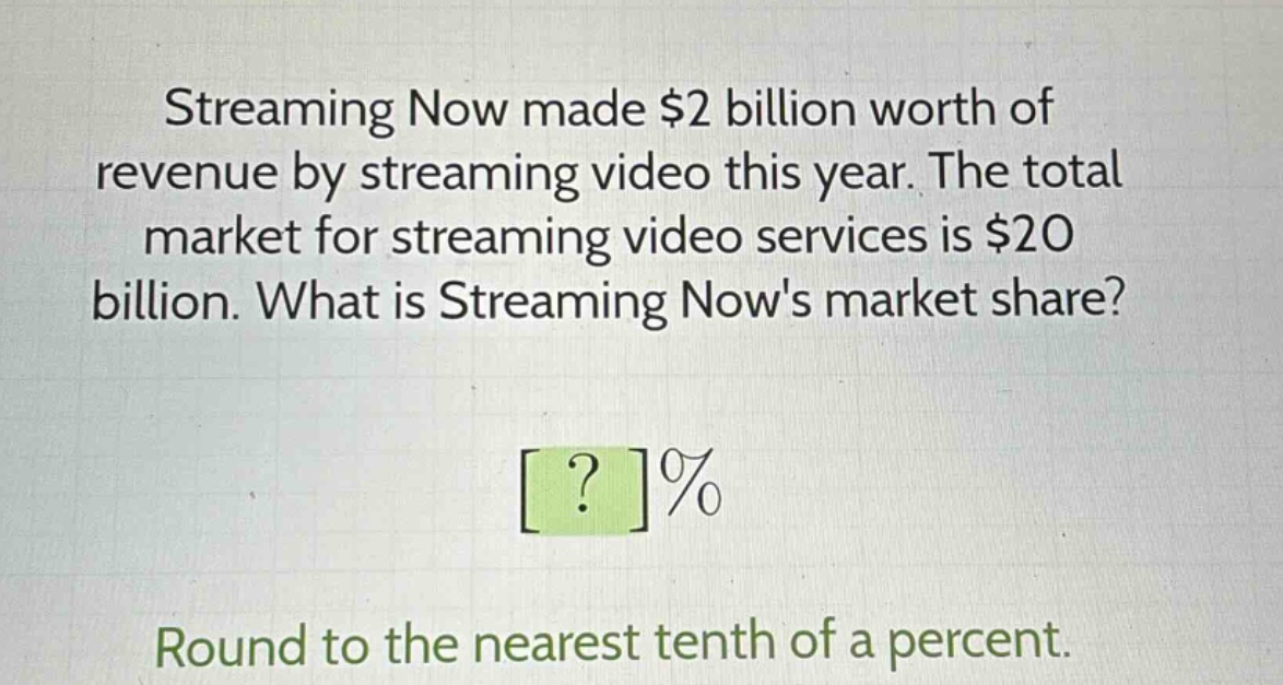 streaming now made $2 billion worth of revenue by streaming video this year. the total market for streaming video services is $20 billion. what is streaming nows market share? ?% round to the nearest tenth of a percent.