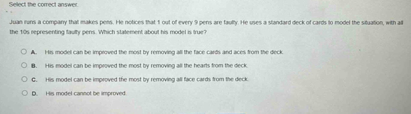 select the correct answer. juan runs a company that makes pens. he notices that 1 out of every 9 pens are faulty. he uses a standard deck of cards to model the situation, with all the 10s representing faulty pens. which statement about his model is true? a. his model can be improved the most by removing all the face cards and aces from the deck. b. his model can be improved the most by removing all the hearts from the deck. c. his model can be improved the most by removing all face cards from the deck. d. his model cannot be improved.