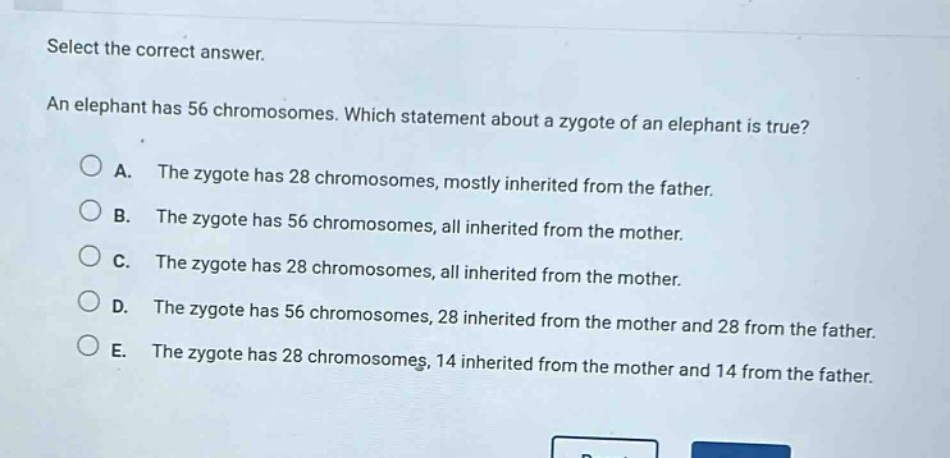 select the correct answer. an elephant has 56 chromosomes. which statement about a zygote of an elephant is true? a. the zygote has 28 chromosomes, mostly inherited from the father. b. the zygote has 56 chromosomes, all inherited from the mother. c. the zygote has 28 chromosomes, all inherited from the mother. d. the zygote has 56 chromosomes, 28 inherited from the mother and 28 from the father. e. the zygote has 28 chromosomes, 14 inherited from the mother and 14 from the father.