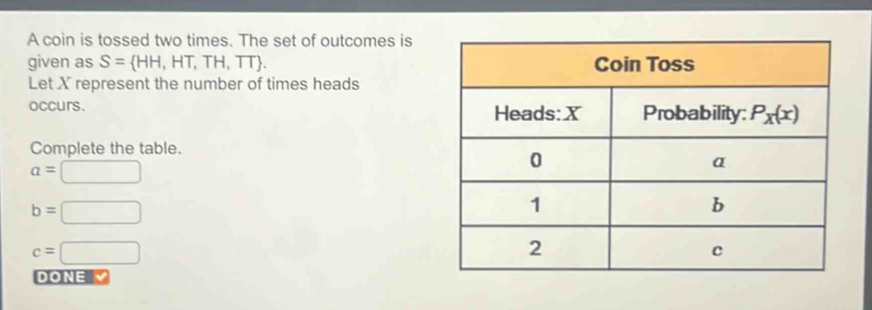 a coin is tossed two times. the set of outcomes is given as s = {hh, ht, th, tt}. let x represent the number of times heads occurs. complete the table. a = b = c =