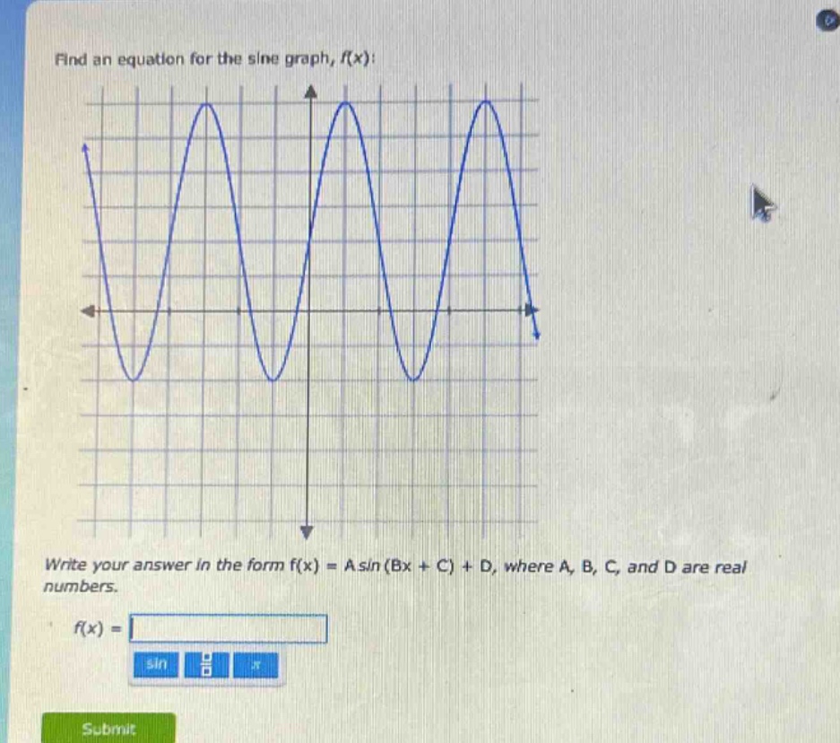 find an equation for the sine graph, f(x):\nwrite your answer in the form f(x)=a sin(bx + c)+d, where a, b, c, and d are real numbers.\nf(x) =