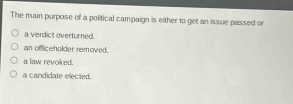 the main purpose of a political campaign is either to get an issue passed or\na verdict overturned.\nan officeholder removed.\na law revoked.\na candidate elected.
