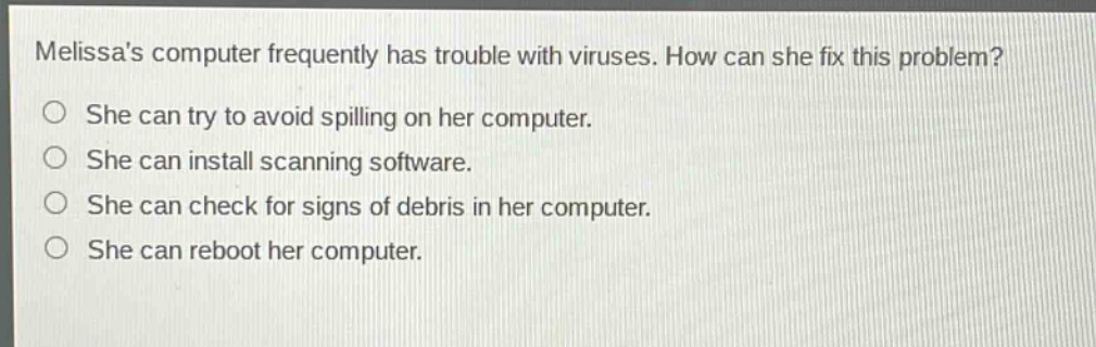 melissas computer frequently has trouble with viruses. how can she fix this problem?\nshe can try to avoid spilling on her computer.\nshe can install scanning software.\nshe can check for signs of debris in her computer.\nshe can reboot her computer.