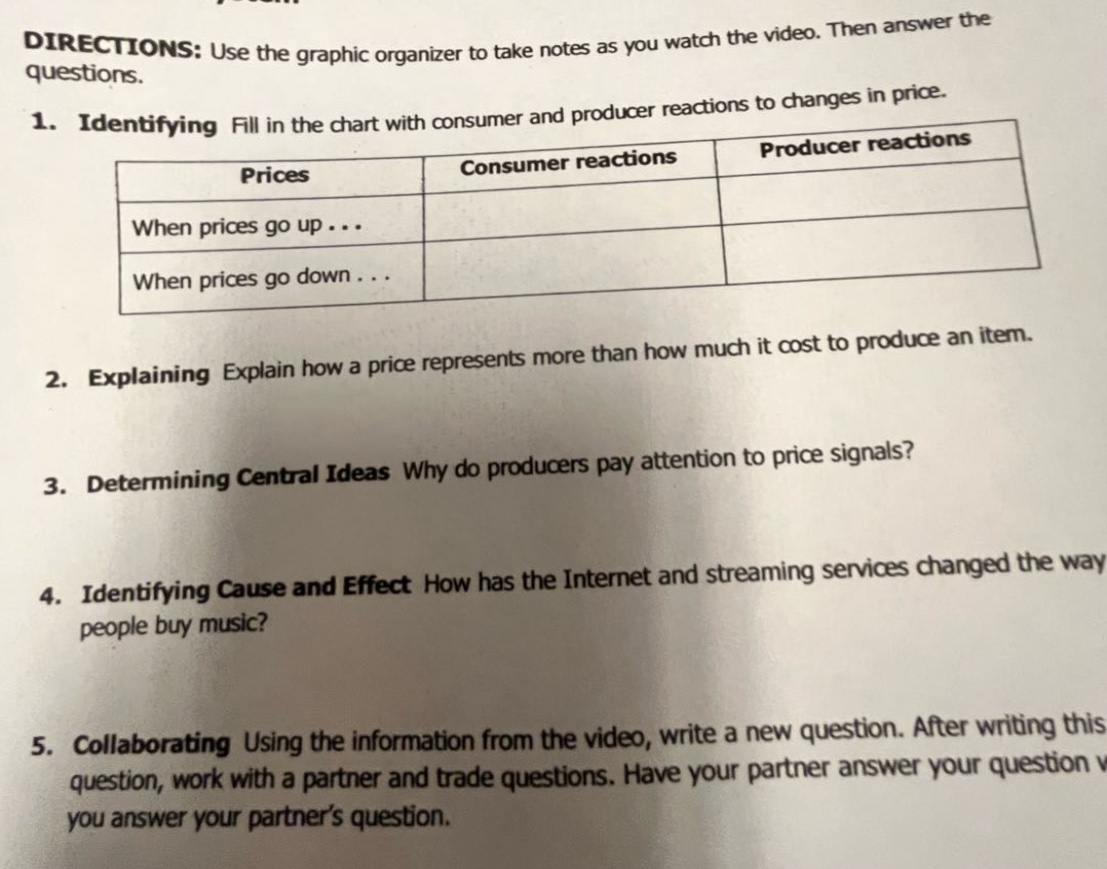 directions: use the graphic organizer to take notes as you watch the video. then answer the questions.\n1. identifying fill in the chart with consumer and producer reactions to changes in price.\n| prices | consumer reactions | producer reactions |\n| when prices go up... | | |\n| when prices go down... | | |\n2. explaining explain how a price represents more than how much it cost to produce an item.\n3. determining central ideas why do producers pay attention to price signals?\n4. identifying cause and effect how has the internet and streaming services changed the way people buy music?\n5. collaborating using the information from the video, write a new question. after writing this question, work with a partner and trade questions. have your partner answer your question while you answer your partner’s question.