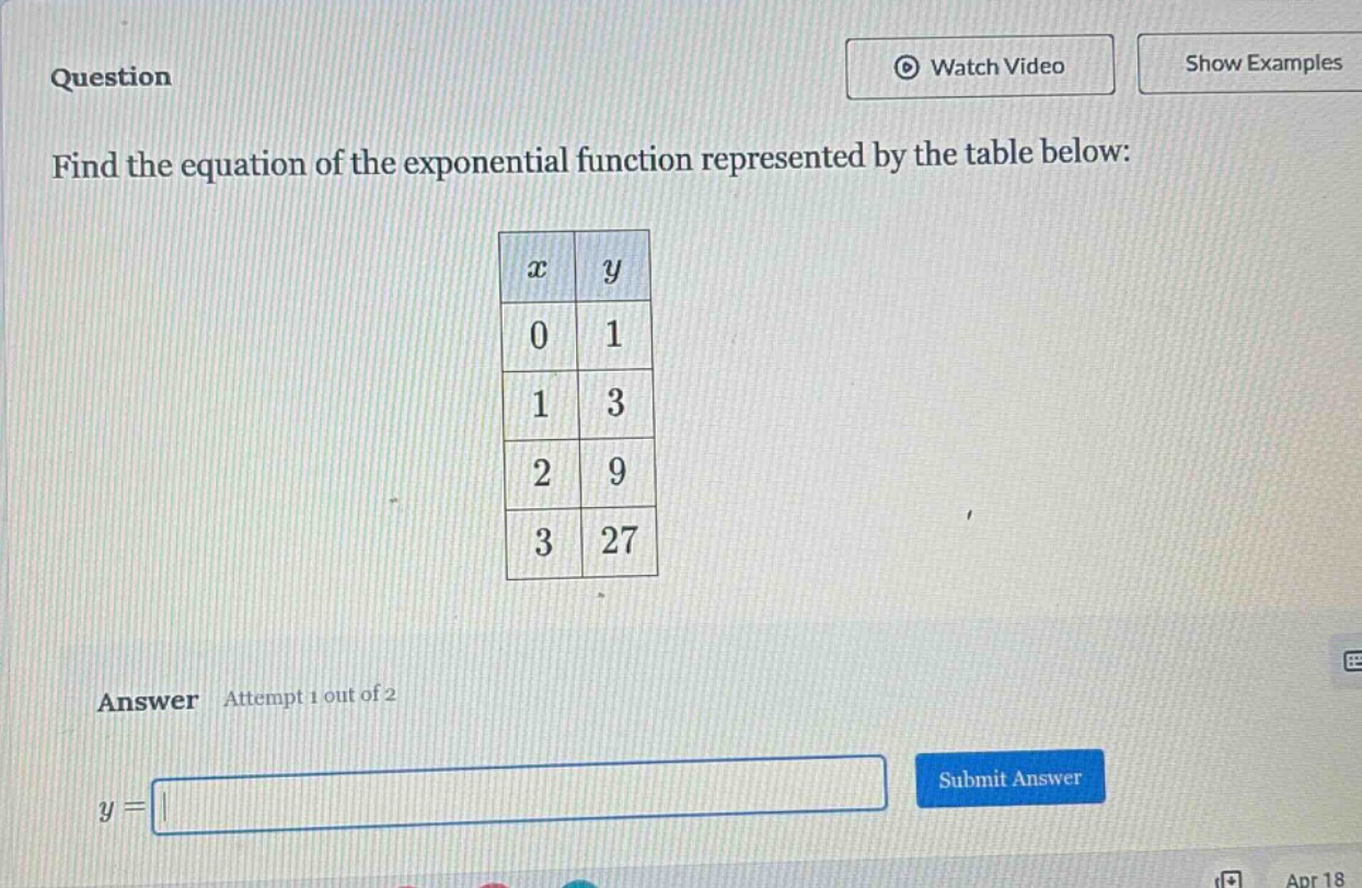 question\nfind the equation of the exponential function represented by the table below:\nanswer attempt 1 out of 2\ny =