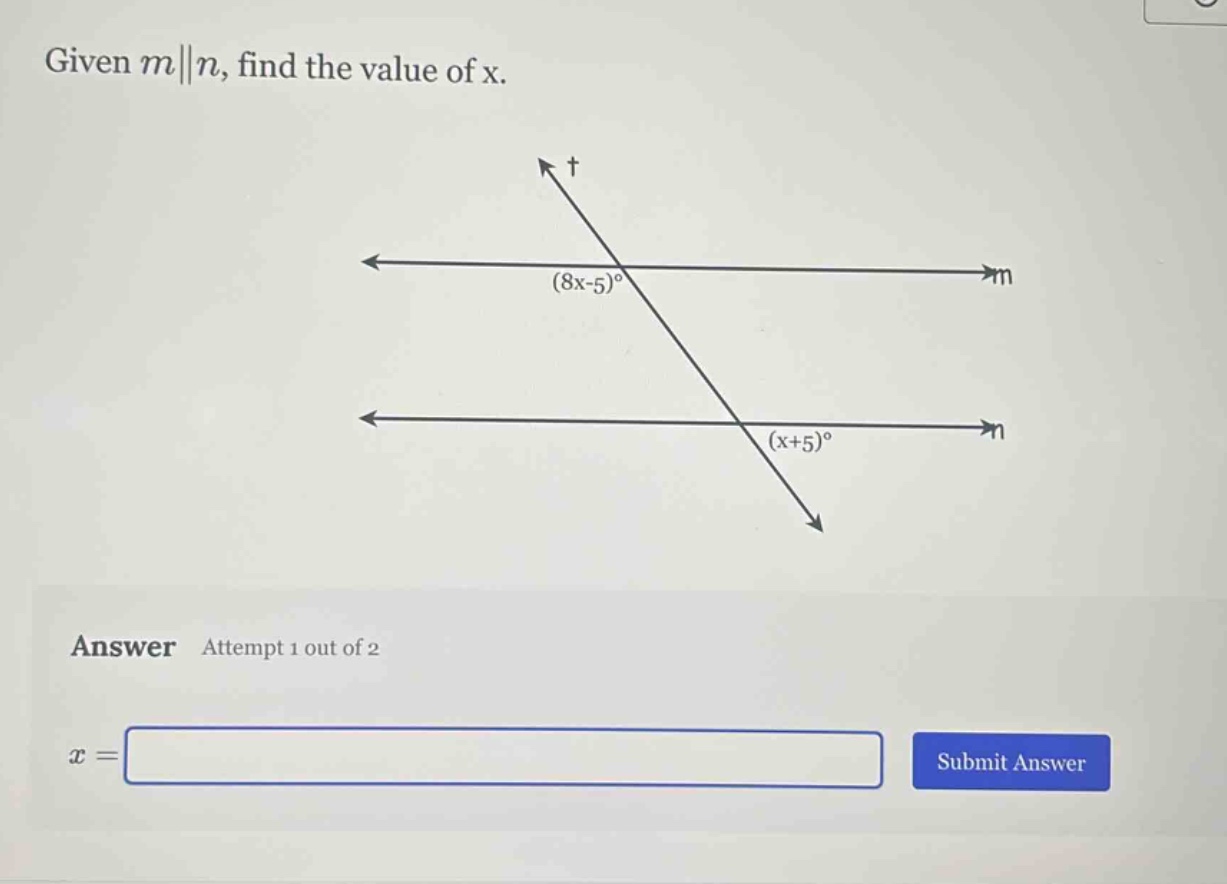given (mparallel n), find the value of x.\nanswer attempt 1 out of 2\n(x=)