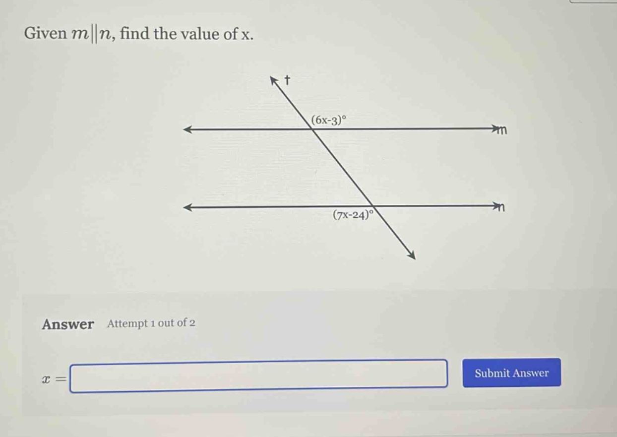given (mparallel n), find the value of x.\nanswer attempt 1 out of 2\n(x =)