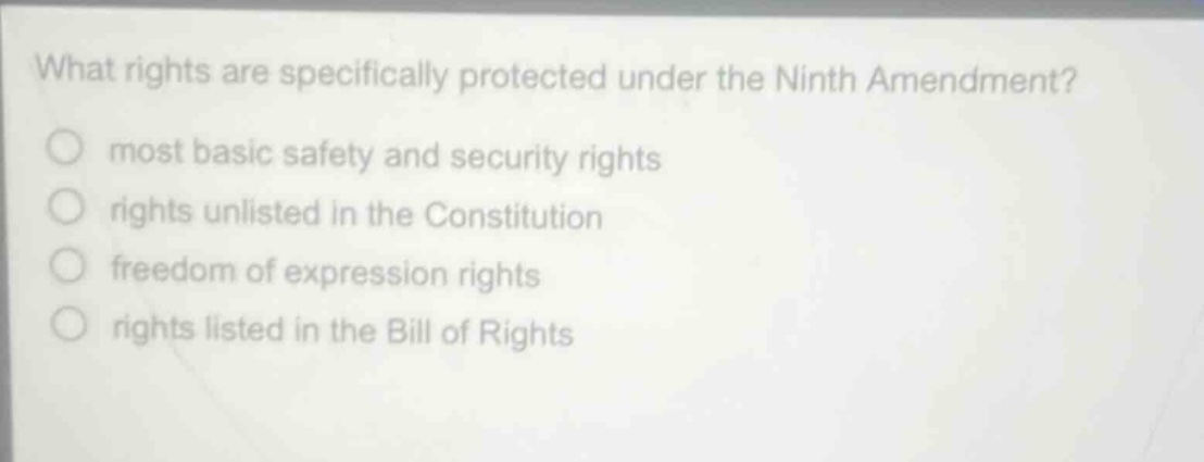 what rights are specifically protected under the ninth amendment?\nmost basic safety and security rights\nrights unlisted in the constitution\nfreedom of expression rights\nrights listed in the bill of rights