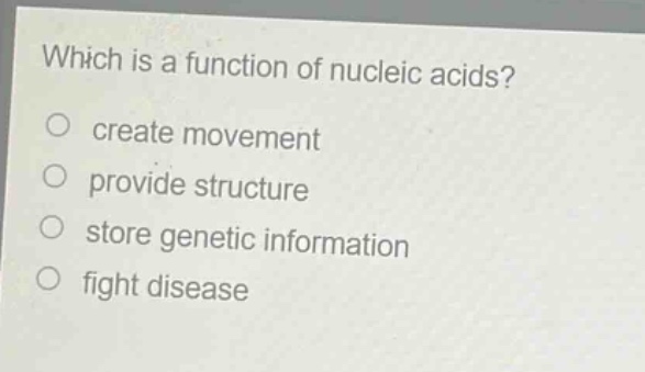 which is a function of nucleic acids?\ncreate movement\nprovide structure\nstore genetic information\nfight disease