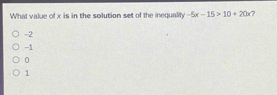 what value of x is in the solution set of the inequality -5x - 15 > 10 + 20x?\n-2\n-1\n0\n1