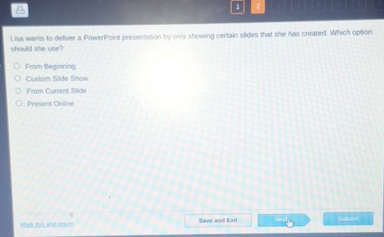 lisa wants to deliver a powerpoint presentation by only showing certain slides that she has created. which option should she use?\nfrom beginning\ncustom slide show\nfrom current slide\npresent online