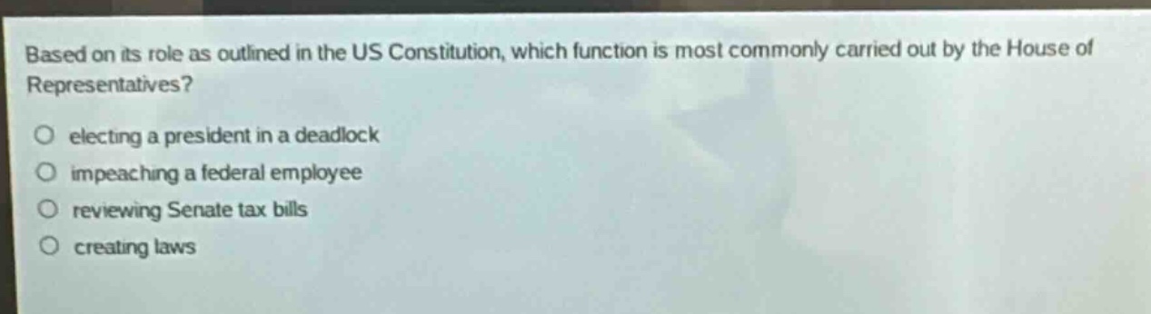 based on its role as outlined in the us constitution, which function is most commonly carried out by the house of representatives?\n- electing a president in a deadlock\n- impeaching a federal employee\n- reviewing senate tax bills\n- creating laws