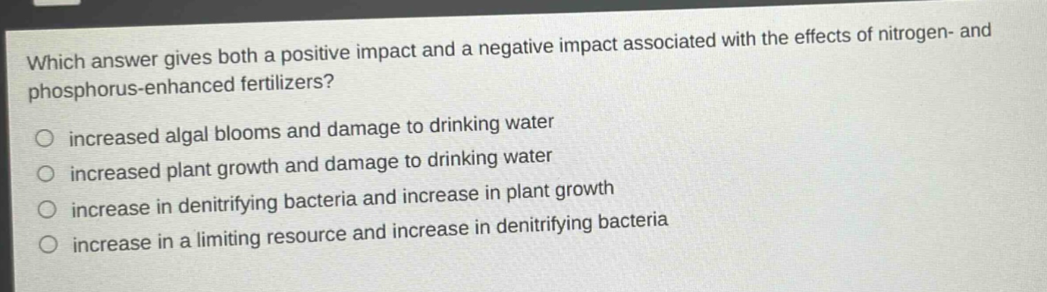 which answer gives both a positive impact and a negative impact associated with the effects of nitrogen - and phosphorus - enhanced fertilizers?\n○ increased algal blooms and damage to drinking water\n○ increased plant growth and damage to drinking water\n○ increase in denitrifying bacteria and increase in plant growth\n○ increase in a limiting resource and increase in denitrifying bacteria