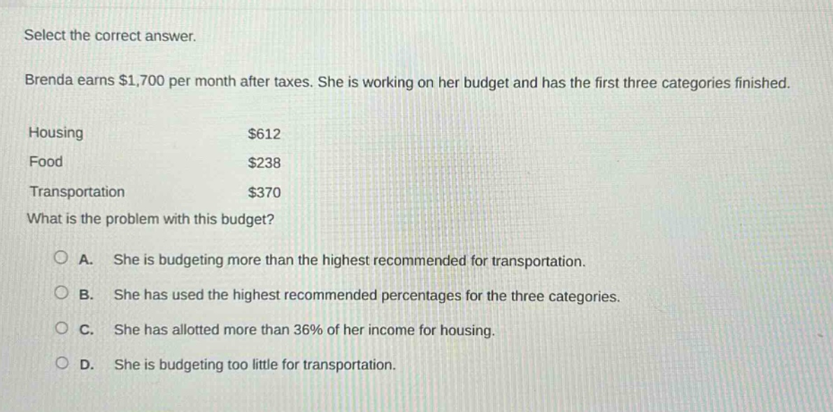 select the correct answer. brenda earns $1,700 per month after taxes. she is working on her budget and has the first three categories finished. housing $612 food $238 transportation $370 what is the problem with this budget? a. she is budgeting more than the highest recommended for transportation. b. she has used the highest recommended percentages for the three categories. c. she has allotted more than 36% of her income for housing. d. she is budgeting too little for transportation.
