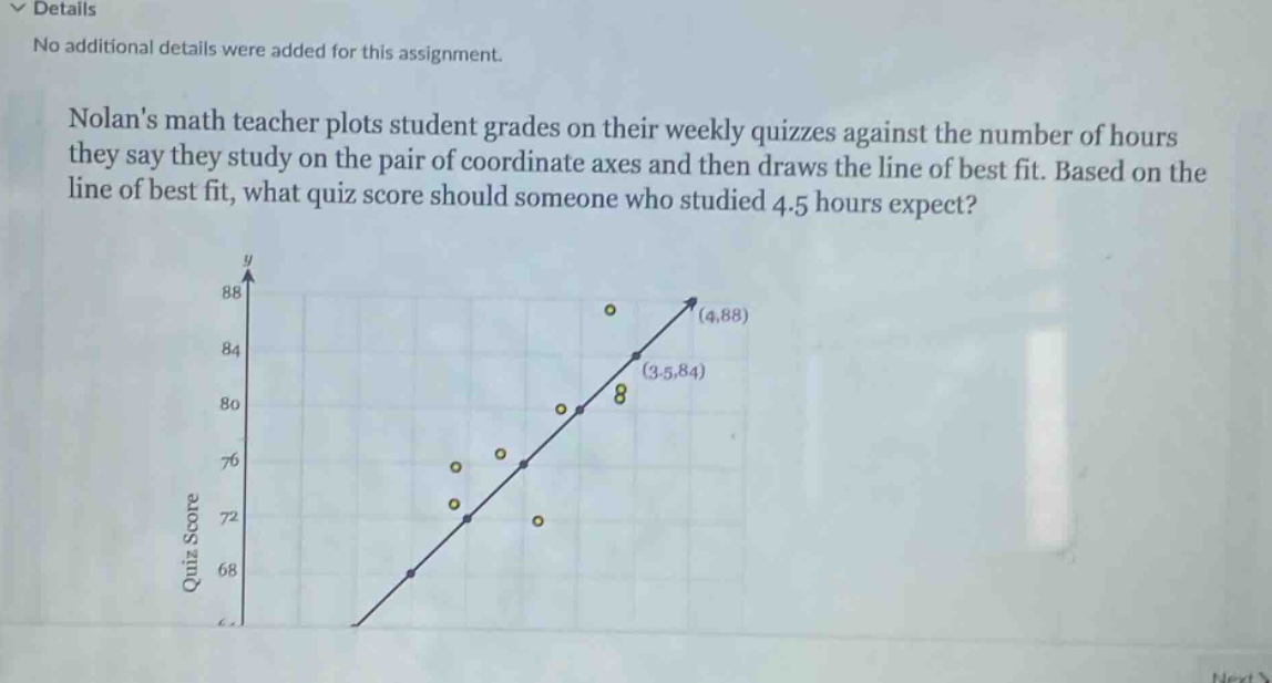 nolans math teacher plots student grades on their weekly quizzes against the number of hours they say they study on the pair of coordinate axes and then draws the line of best fit. based on the line of best fit, what quiz score should someone who studied 4.5 hours expect?