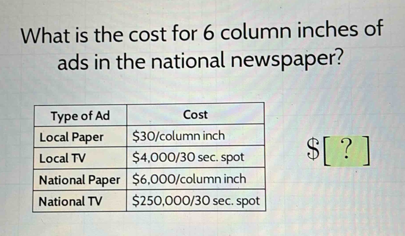 what is the cost for 6 column inches of ads in the national newspaper?\n\n| type of ad | cost |\n|--|--| \n| local paper | $30/column inch |\n| local tv | $4,000/30 sec. spot |\n| national paper | $6,000/column inch |\n| national tv | $250,000/30 sec. spot |