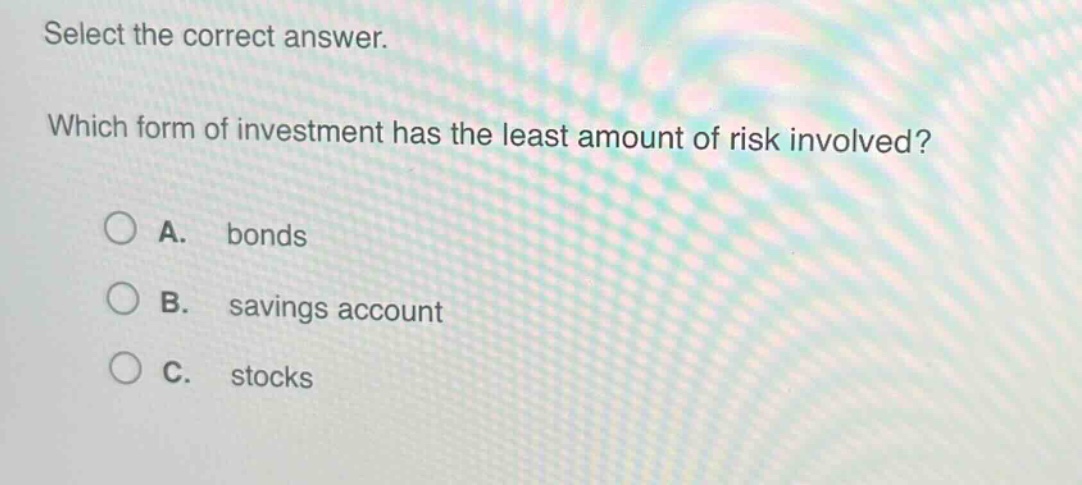 select the correct answer. which form of investment has the least amount of risk involved? a. bonds b. savings account c. stocks