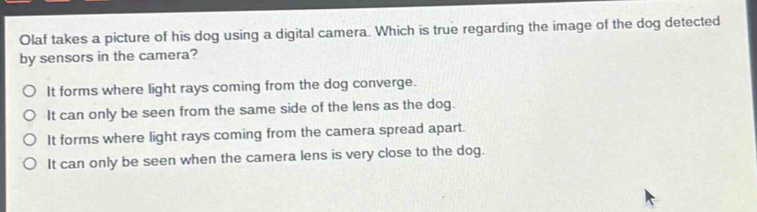 olaf takes a picture of his dog using a digital camera. which is true regarding the image of the dog detected by sensors in the camera?\no it forms where light rays coming from the dog converge.\no it can only be seen from the same side of the lens as the dog.\no it forms where light rays coming from the camera spread apart.\no it can only be seen when the camera lens is very close to the dog.
