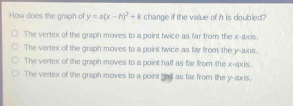 how does the graph of y = a(x - h)^2 + k change if the value of h is doubled?\nthe vertex of the graph moves to a point twice as far from the x - axis.\nthe vertex of the graph moves to a point twice as far from the y - axis.\nthe vertex of the graph moves to a point half as far from the x - axis.\nthe vertex of the graph moves to a point half as far from the y - axis.