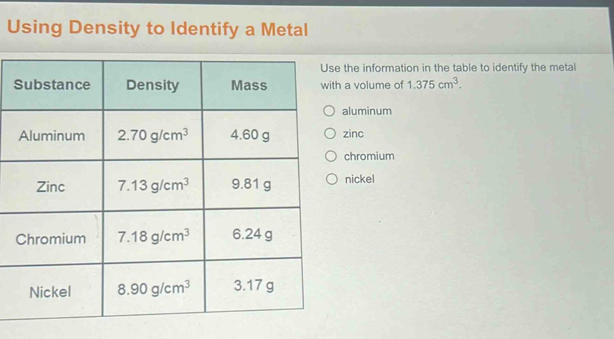 using density to identify a metal\nuse the information in the table to identify the metal with a volume of 1.375 cm³.\nsubstance density mass\naluminum 2.70 g/cm³ 4.60 g\nzinc 7.13 g/cm³ 9.81 g\nchromium 7.18 g/cm³ 6.24 g\nnickel 8.90 g/cm³ 3.17 g\naluminum\nzinc\nchromium\nnickel