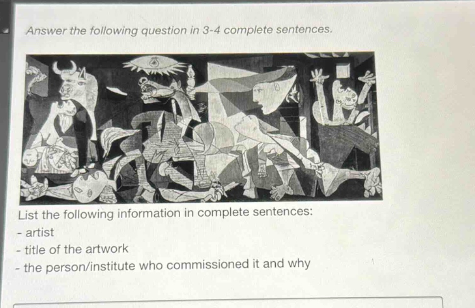 answer the following question in 3 - 4 complete sentences. list the following information in complete sentences: - artist - title of the artwork - the person/institute who commissioned it and why