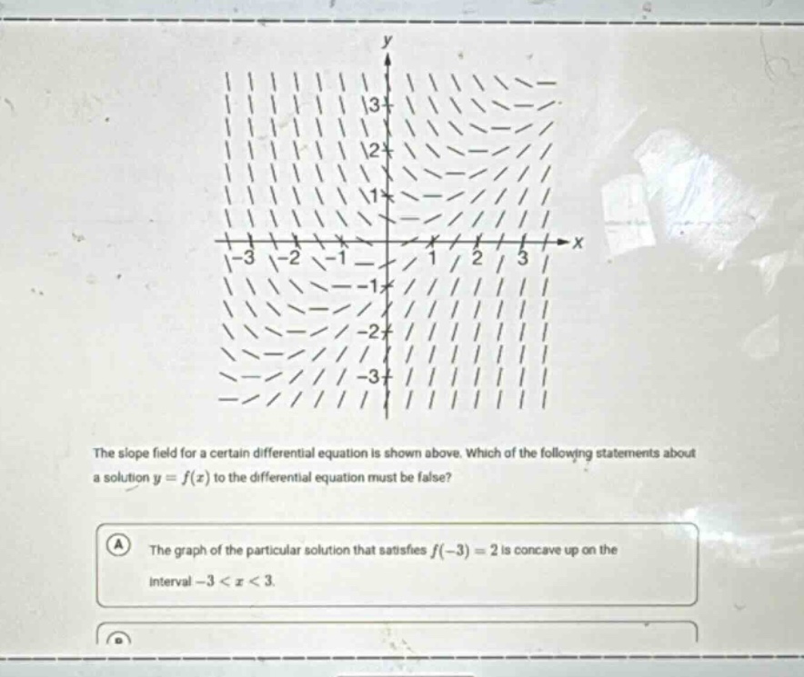 the slope field for a certain differential equation is shown above. which of the following statements about a solution (y = f(x)) to the differential equation must be false?\na the graph of the particular solution that satisfies (f(-3)=2) is concave up on the interval (-3 < x < 3).