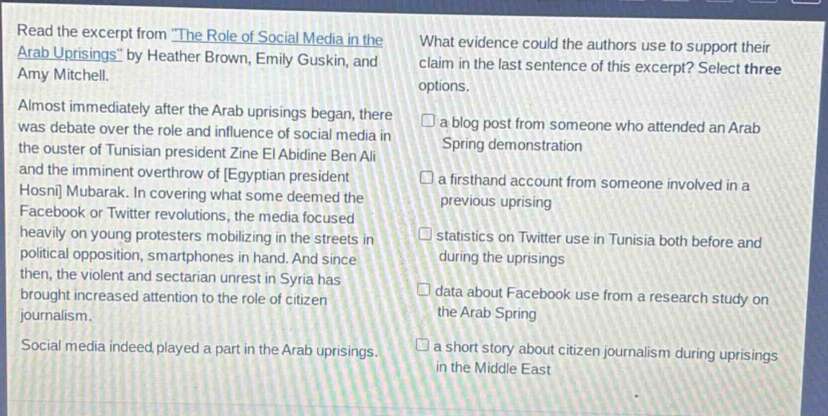 read the excerpt from \the role of social media in the arab uprisings\ by heather brown, emily guskin, and amy mitchell. almost immediately after the arab uprisings began, there was debate over the role and influence of social media in the ouster of tunisian president zine el abidine ben ali and the imminent overthrow of egyptian president hosni mubarak. in covering what some deemed the facebook or twitter revolutions, the media focused heavily on young protesters mobilizing in the streets in political opposition, smartphones in hand. and since then, the violent and sectarian unrest in syria has brought increased attention to the role of citizen journalism. social media indeed played a part in the arab uprisings. what evidence could the authors use to support their claim in the last sentence of this excerpt? select three options. a blog post from someone who attended an arab spring demonstration a firsthand account from someone involved in a previous uprising statistics on twitter use in tunisia both before and during the uprisings data about facebook use from a research study on the arab spring a short story about citizen journalism during uprisings in the middle east