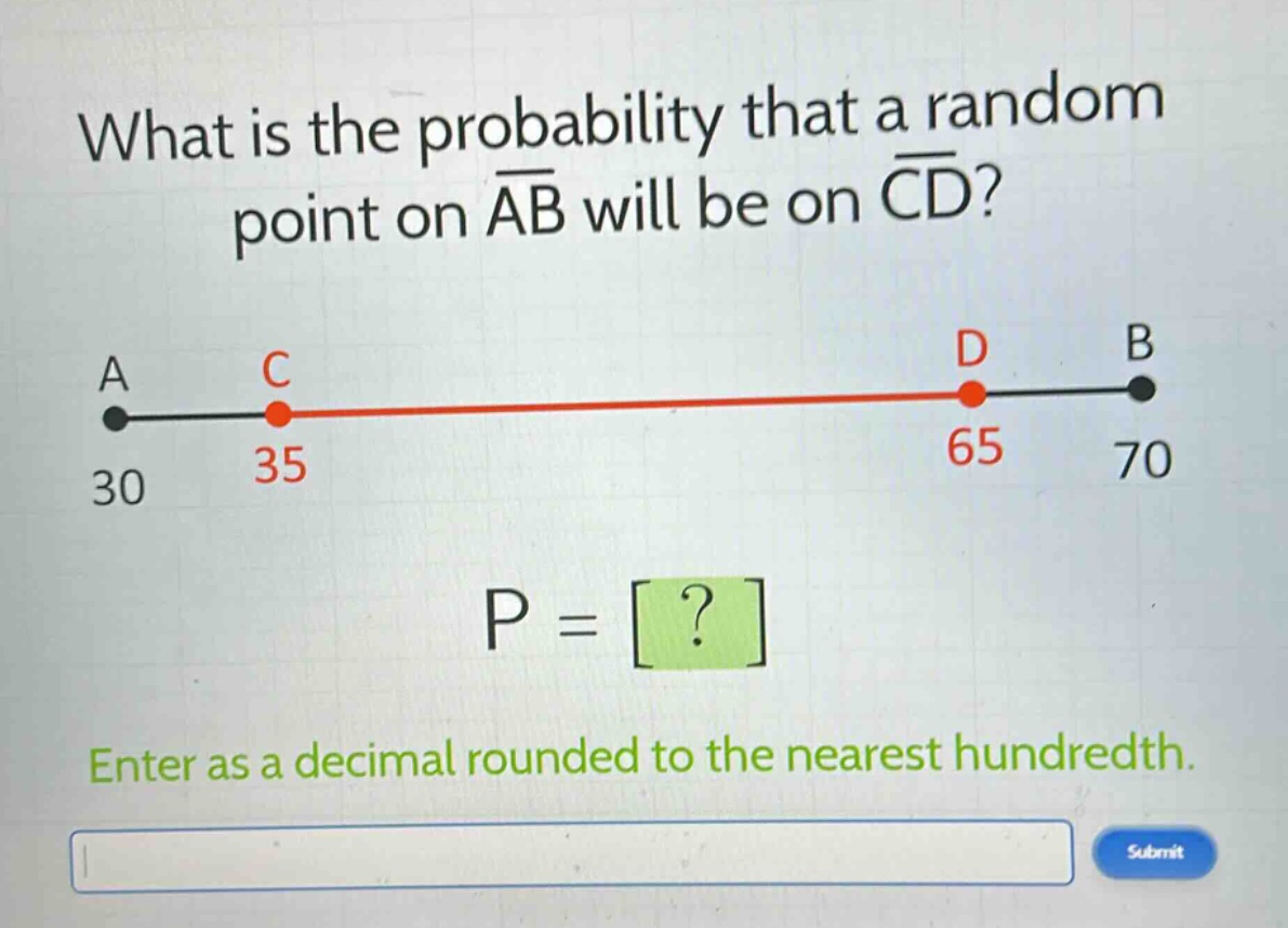 what is the probability that a random point on $overline{ab}$ will be on $overline{cd}$?\nenter as a decimal rounded to the nearest hundredth.