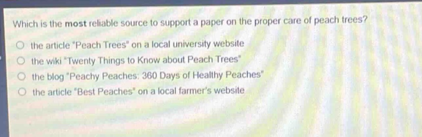 which is the most reliable source to support a paper on the proper care of peach trees?\n the article \peach trees\ on a local university website\n the wiki \twenty things to know about peach trees\\n the blog \peachy peaches: 360 days of healthy peaches\\n the article \best peaches\ on a local farmers website