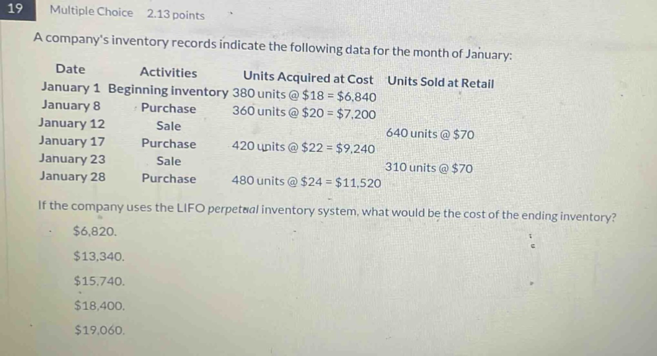 19 multiple choice 2.13 points a companys inventory records indicate the following data for the month of january: date activities units acquired at cost units sold at retail january 1 beginning inventory 380 units @ $18 = $6,840 january 8 purchase 360 units @ $20 = $7,200 january 12 sale 640 units @ $70 january 17 purchase 420 units @ $22 = $9,240 january 23 sale 310 units @ $70 january 28 purchase 480 units @ $24 = $11,520 if the company uses the lifo perpetual inventory system, what would be the cost of the ending inventory? $6,820. $13,340. $15,740. $18,400. $19,060.
